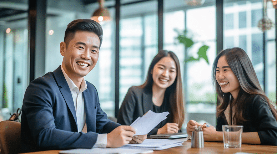 Group of professionals in a modern, well-lit legal money lender office, smiling and engaged in a discussion