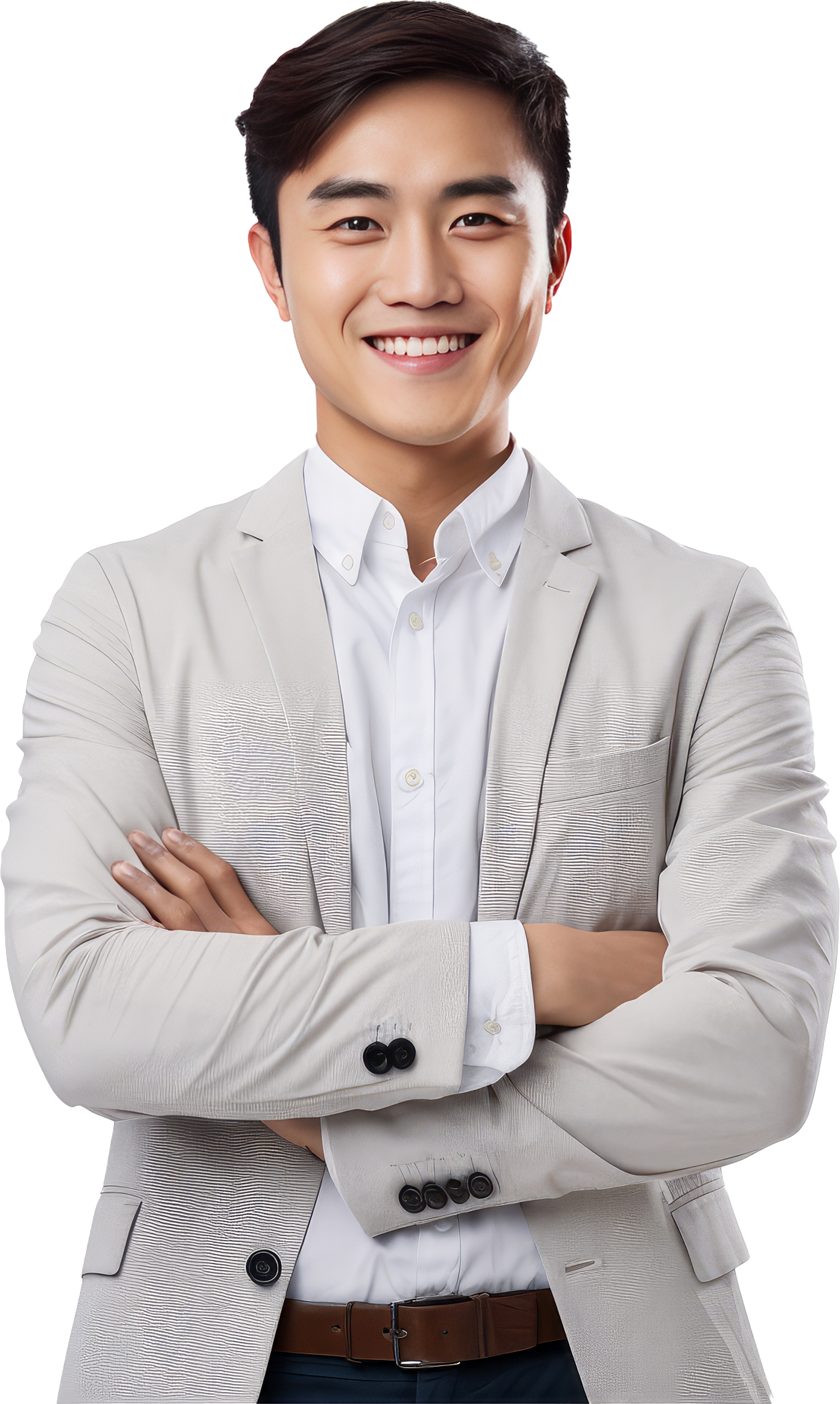 Portrait of a professional-looking man in a light beige suit, white shirt, and brown belt, with arms crossed and a confident smile, representing a trusted licensed money lender in Singapore.