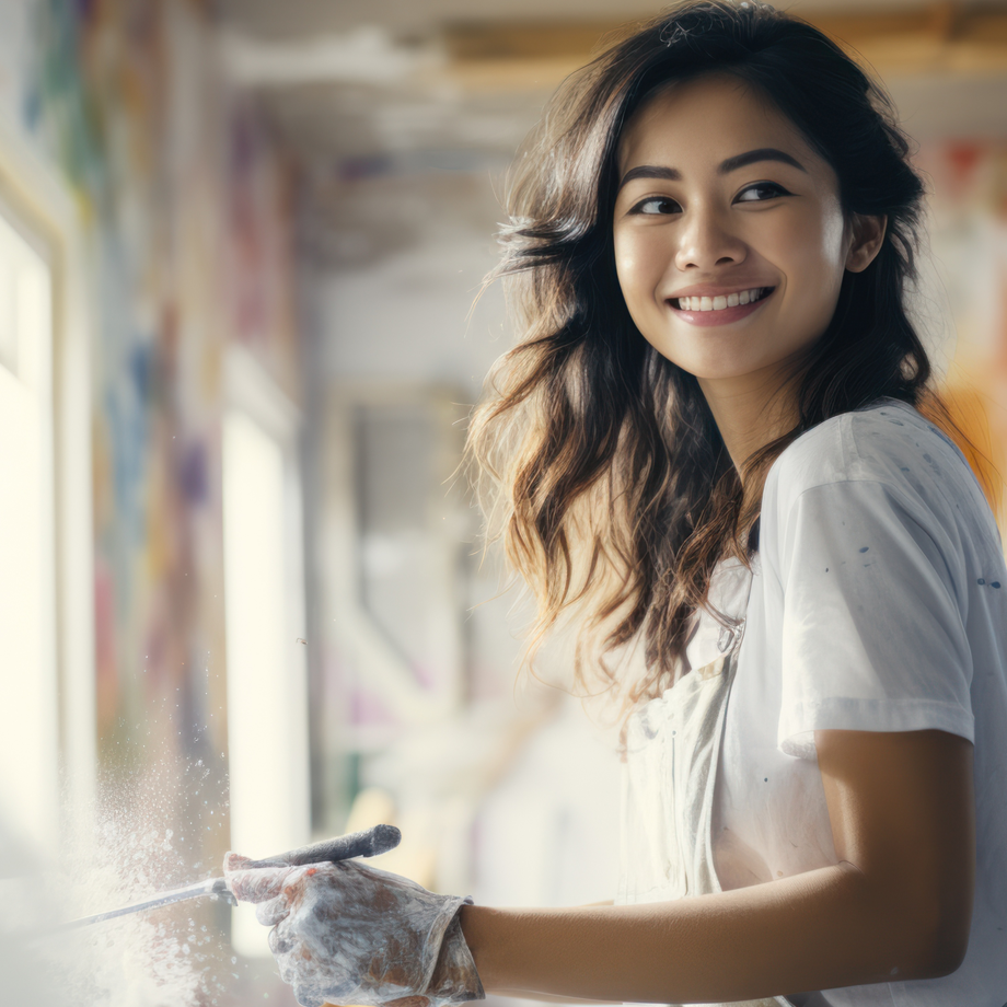 asian woman painting the wall
